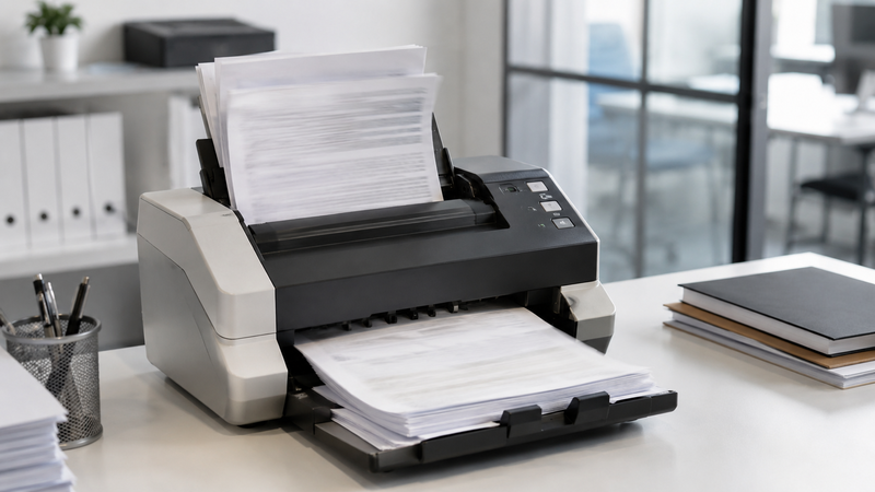High-volume document scanner processing a large batch of paper pages on an office desk